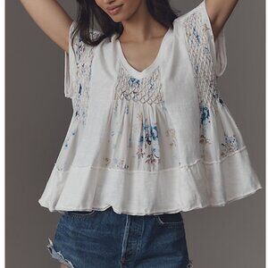 Anthropologie Smocked Swing Tee Blue Pattern Florap Print XS